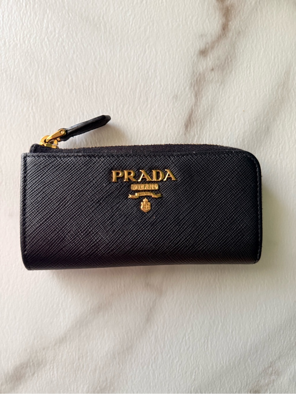 Prada Black Saffiano Leather Zip Card Wallet with Gold Logo Authentic